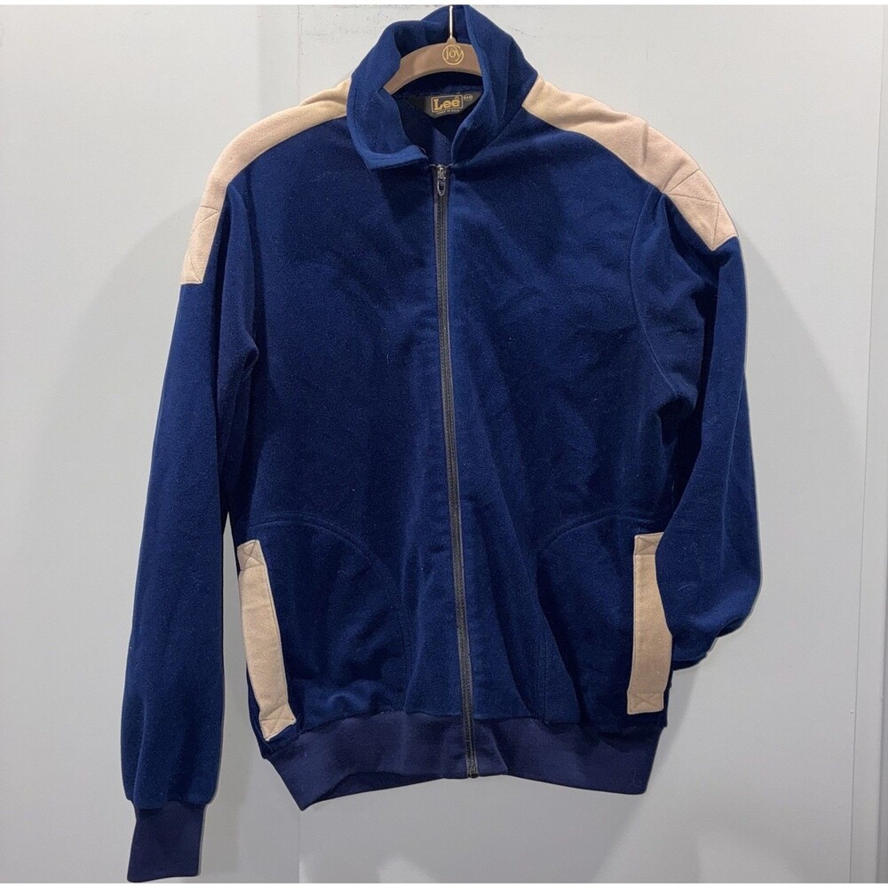 80s Lee USA Made Velour Track Jacket Navy Tan Faux Suede Western Panel Full Zip